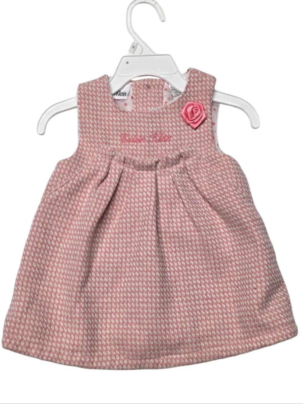 Calvin Klein Pink Houndstooth Baby Dress with Rose Accent